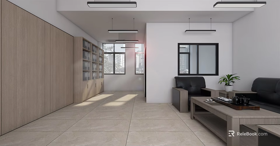 Modern Office Interior With Wooden Bookshelves Leather Sofa Coffee Table And Natural Light 3d model 