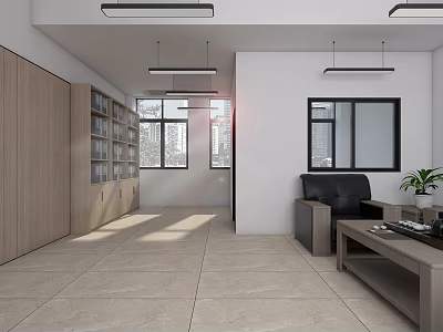 Modern Office Interior With Wooden Bookshelves Leather Sofa Coffee Table And Natural Light 3d model