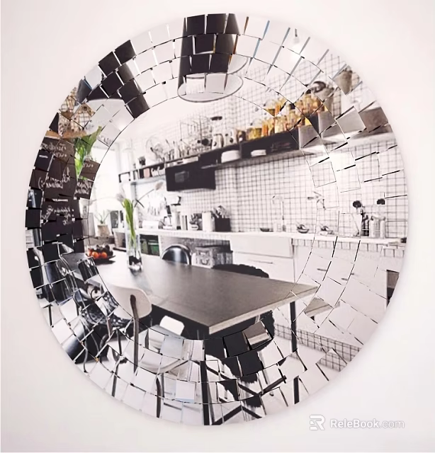 Round Mirror Reflecting Modern Kitchen Interior With Dining Table Chairs And Shelves 3d model 