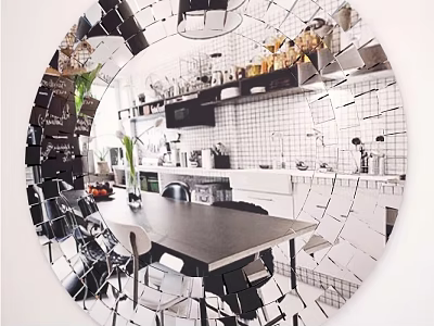 Round Mirror Reflecting Modern Kitchen Interior With Dining Table Chairs And Shelves 3d model