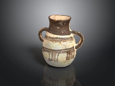 Sculptural Carving Ceramic Vase Featuring Two Handles And Fringe Design Patterns 3d model