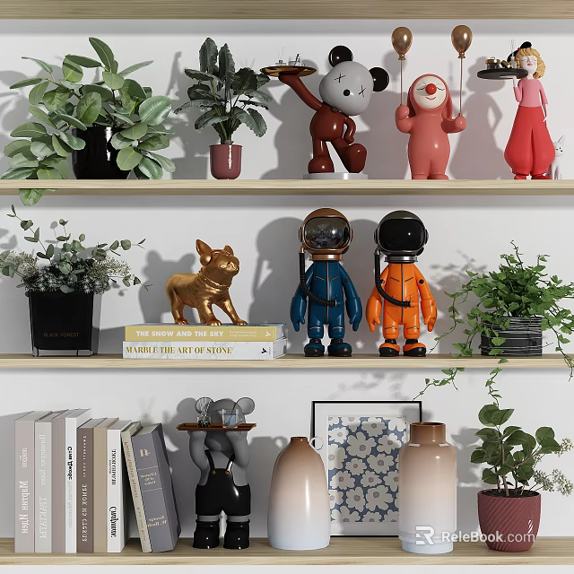 Modern Home Decorative Ornament Combination With Figurines Plants Books And Vases On Shelf 3d model 