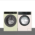 Two Modern Washing Machines With Green And White Clothes Inside Each Drum 3d model