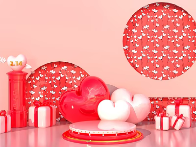 Valentines Day Promotion Display Featuring Red White Heart Decorations Gift Boxes And Floral Patterns 3d model