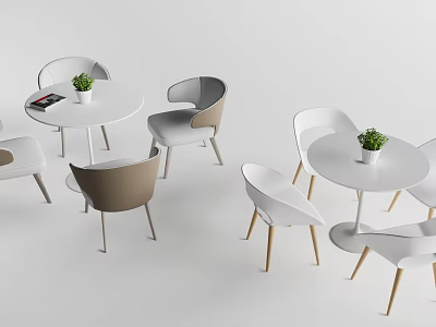 Modern Round Table And Chair Sets With Minimalist Design And Potted Plants 3d model