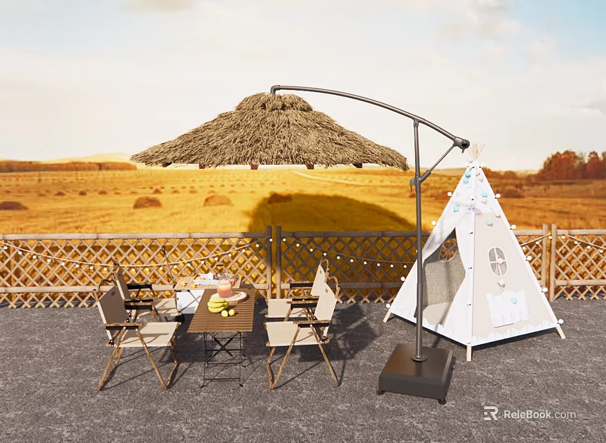 Outdoor Table And Chair Set With Straw Umbrella White Tent And Wooden Fence 3d model 