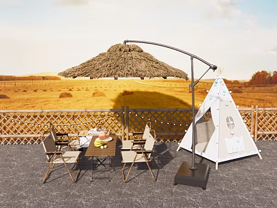 Outdoor Table And Chair Set With Straw Umbrella White Tent And Wooden Fence 3d model