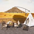 Outdoor Table And Chair Set With Straw Umbrella White Tent And Wooden Fence