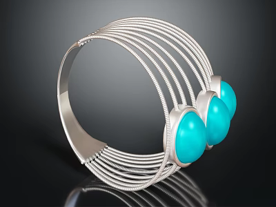 Fashion Silver Metal Bracelet With Multiple Wire Strands And Three Turquoise Stones 3d model