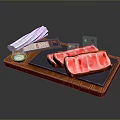 Raw Sliced Meat on Wooden Cutting Board with Tape Measure Paper Towels Small Bowl