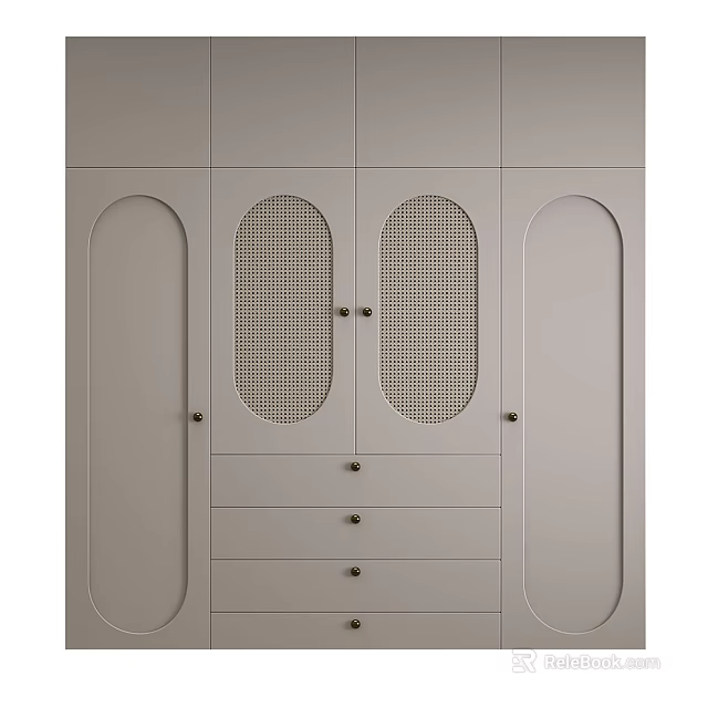 Modern Light Gray Decorative Cabinet Featuring Perforated Doors And Drawers 3d model
