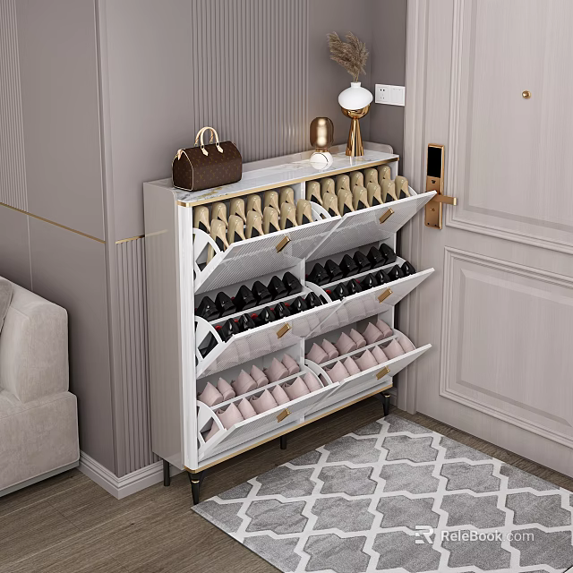 Modern Stylish Shoe Cabinet With Multiple Shelves Beige Black Pink Shoes Brown Handbag Table Lamp 3d model 