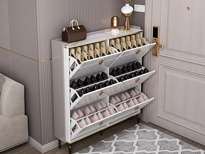 Modern Stylish Shoe Cabinet With Multiple Shelves Beige Black Pink Shoes Brown Handbag Table Lamp 3d model