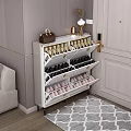 Modern Stylish Shoe Cabinet With Multiple Shelves Beige Black Pink Shoes Brown Handbag Table Lamp