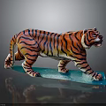 Orange Black Striped Tiger Sculpture In Standing Pose With White Face Belly And Blue Base
