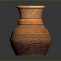 Decorative Clay Pot With Orange Ring Accents And Purple Wavy Patterns