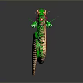 3D Rendered Green Snake With Yellow Segments And Orange Head And Reflection On Gray Background