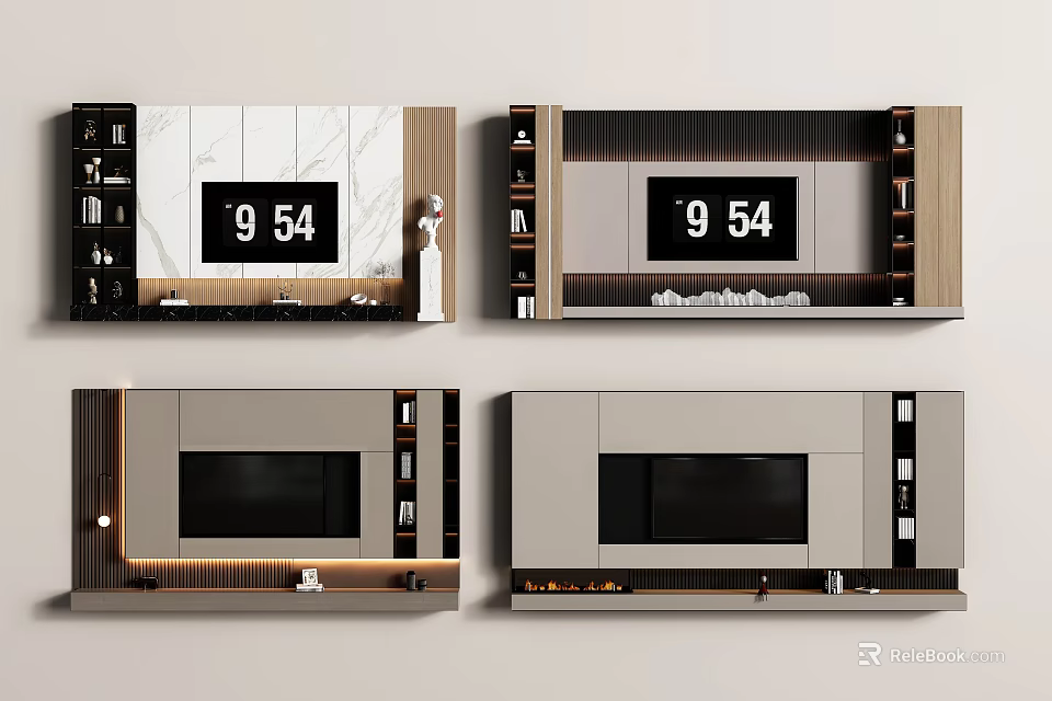 Modern TV Wall Design With Marble Panels Wooden Shelves And Ambient Lighting 3d model 