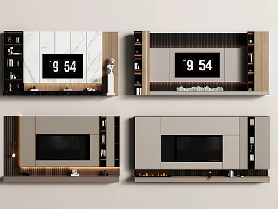 Modern TV Wall Design With Marble Panels Wooden Shelves And Ambient Lighting 3d model
