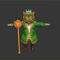Royal Cat Character In Green Robe With Crown And Golden Scepter