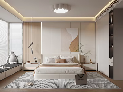 Modern Minimalist Bedroom Interior Design With Large Windows Abstract Painting And Striped Rug 3d model