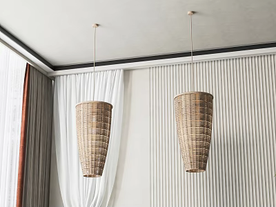 Two Rattan Pendant Lights Hanging From Ceiling With White Curtains And Vertical Striped Walls 3d model