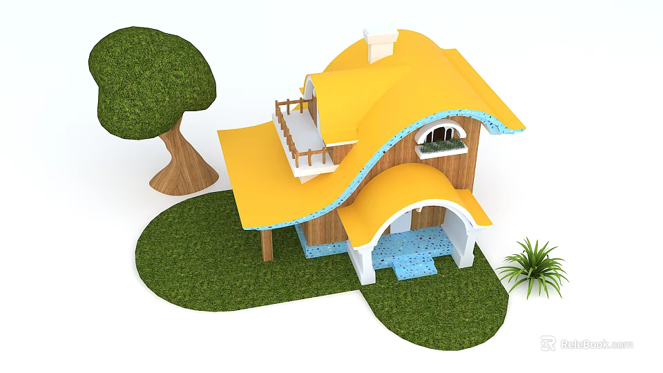 Cartoon Style House With Yellow Roof Wooden Structure Green Lawn Tree And Small Plant 3d model 