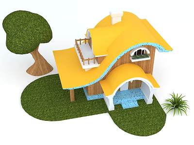 Cartoon Style House With Yellow Roof Wooden Structure Green Lawn Tree And Small Plant 3d model