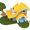 Cartoon Style House With Yellow Roof Wooden Structure Green Lawn Tree And Small Plant