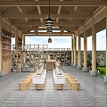 Rural Landscape with Wooden Pavilion Black Tiled Roof Green Lawn Stone Path Lanterns Outdoor Furniture