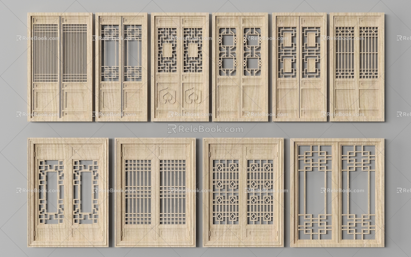 Chinese-style double-door wooden door 3d model