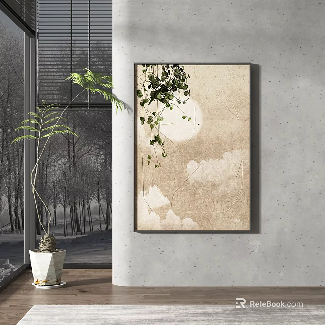 Elegant Wall Artwork With Moon Clouds And Hanging Green Plant 3d model
