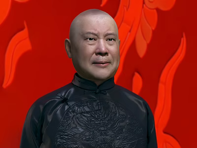 Man in Black Chinese style Clothing with Intricate Embroidery on Red Decorative Background 3d model