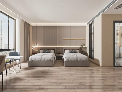 Modern Guest Room Hotel Guest Room Homestay Guest Room Double Room TV Cabinet Bedside Backwall Bedside Computer Desk 3d model