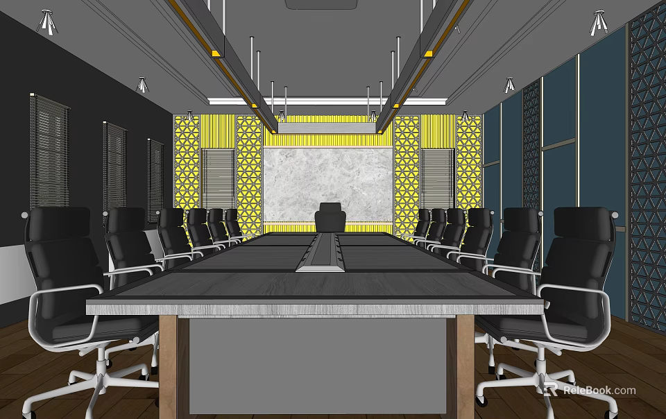 Modern Conference Room Interior Design Featuring Long Table Black Chairs And Yellow Wall Decor 3d model 