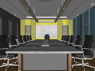 Modern Conference Room Interior Design Featuring Long Table Black Chairs And Yellow Wall Decor 3d model