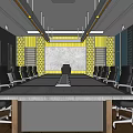 Modern Conference Room Interior Design Featuring Long Table Black Chairs And Yellow Wall Decor