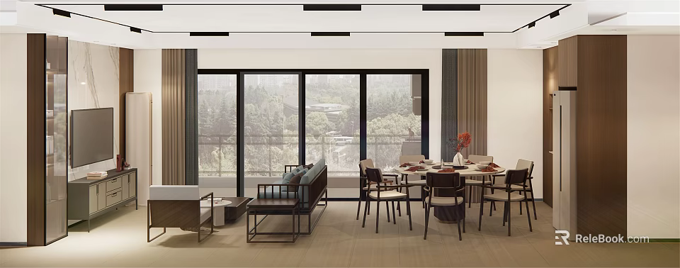 Modern Open Living And Dining Room With Large Windows Green View Sofa And Dining Table 3d model 