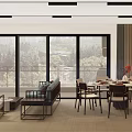 Modern Open Living And Dining Room With Large Windows Green View Sofa And Dining Table