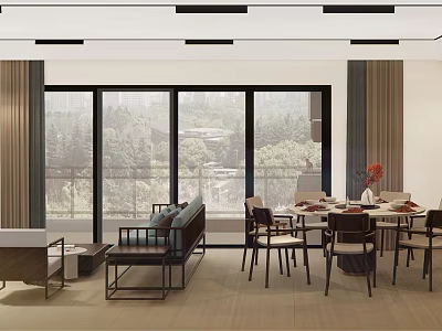 Modern Open Living And Dining Room With Large Windows Green View Sofa And Dining Table 3d model