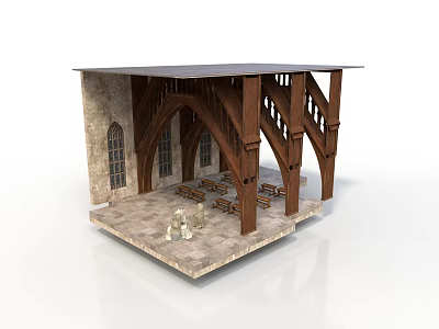 Gothic Architectural Model Interior With Stone Walls Arched Windows And Wooden Beams 3d model