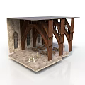 Gothic Architectural Model Interior With Stone Walls Arched Windows And Wooden Beams