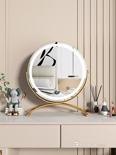 Round Golden Stand Mirror on White Table Reflecting Bedroom with Small Accessories 3d model 