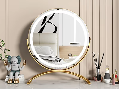 Round Golden Stand Mirror on White Table Reflecting Bedroom with Small Accessories 3d model