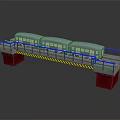 Model Train On Bridge Structure Featuring Red Piers Blue Railings And Yellow Warning Stripes