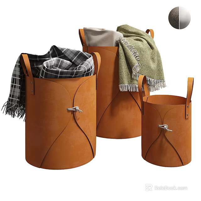 Modern Leather Storage Baskets with Handles in Three Sizes for Organizing Blankets 3d model 
