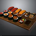 Assorted Fresh Sushi Platter With Various Fish Rolls And Soy Sauce On Wooden Tray