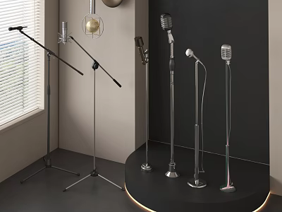 Vintage and Modern Entertainment Microphones with Stands in Stylish Display Setup 3d model
