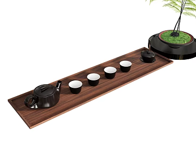 Tea Set with Black Teapot Four White Teacups on Wooden Tray and Green Plant 3d model