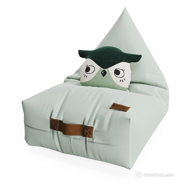 Light Green Bean Bag Chair With Owl Shaped Pillow And Brown Straps 3d model 